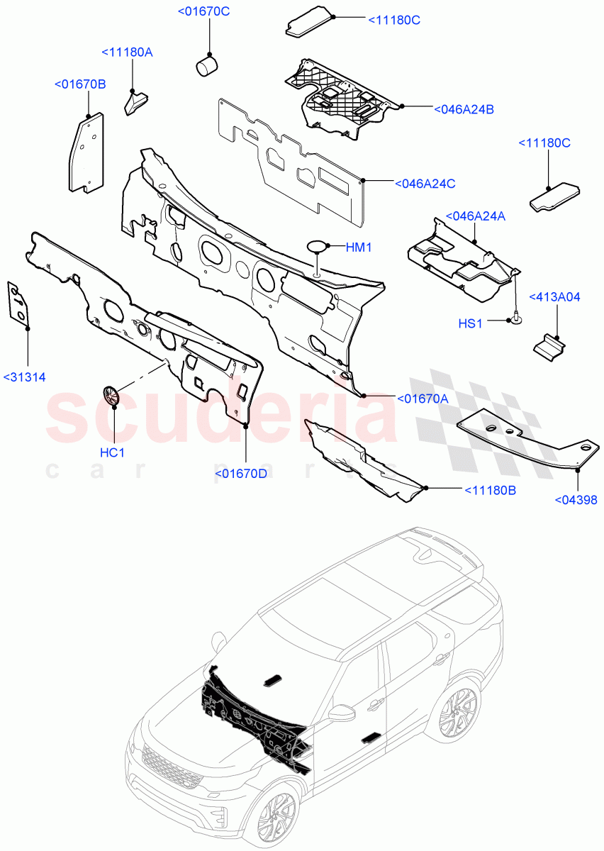 Insulators - Front (Passenger Compartment, Nitra Plant Build) ((V) FROMK2000001) of Land Rover Land Rover Discovery 5 (2017+) [3.0 I6 Turbo Diesel AJ20D6]