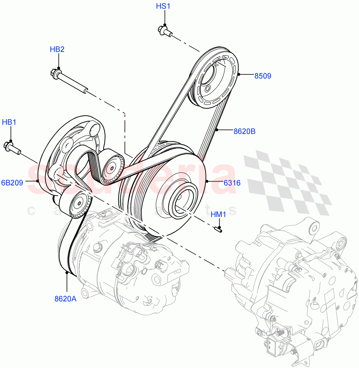 Pulleys And Drive Belts (1.5L AJ20P3 Petrol High, 8 Speed Automatic Trans 8G30, Changsu (China)) of Land Rover Land Rover Range Rover Evoque (2019+) [1.5 I3 Turbo Petrol AJ20P3]