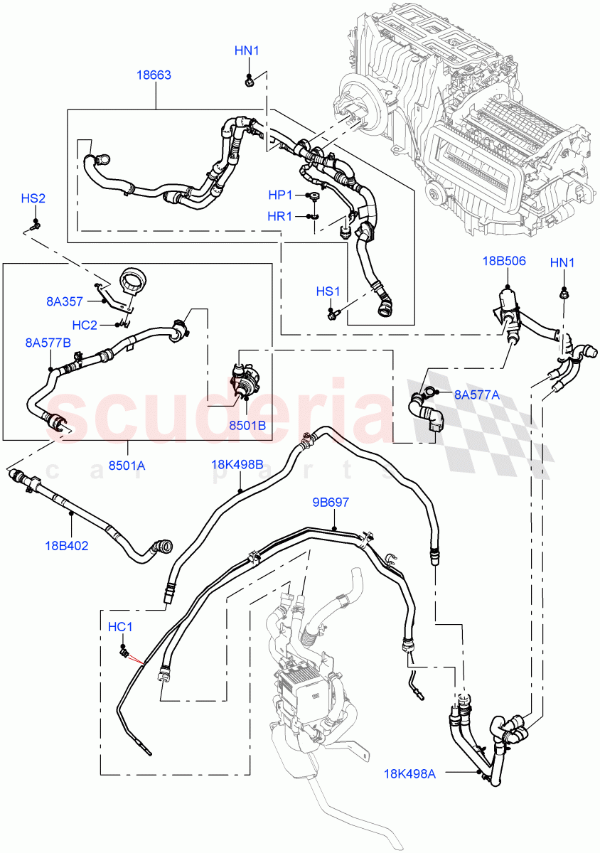 Heater Hoses (4.4 V8 Turbo Petrol (NC10), Fuel Fired Heater With Park Heat, With Air Conditioning - Front/Rear, Fuel Heater W/Pk Heat With Remote) of Land Rover Land Rover Range Rover (2022+) [3.0 I6 Turbo Diesel AJ20D6]