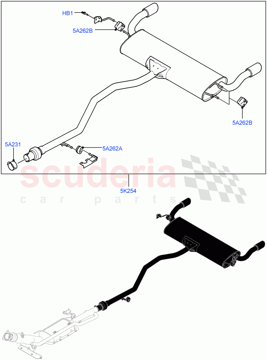 Rear Exhaust System (2.0L I4 DSL HIGH DOHC AJ200, Stage V Plus DPF, Halewood (UK), With 5 Seat Configuration, Dual Exhaust, Proconve L6 Emissions) ((V) FROMJH000001) of Land Rover Land Rover Discovery Sport (2015+) [2.0 Turbo Diesel]