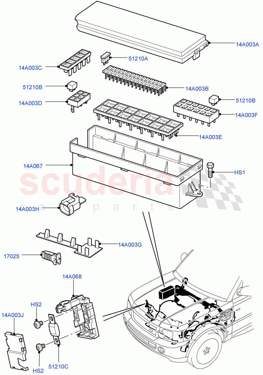 Fuses, Holders And Circuit Breakers (Engine Compartment) ((V) TO9A999999) of Land Rover Land Rover Range Rover Sport (2005-2009) [2.7 Diesel V6]