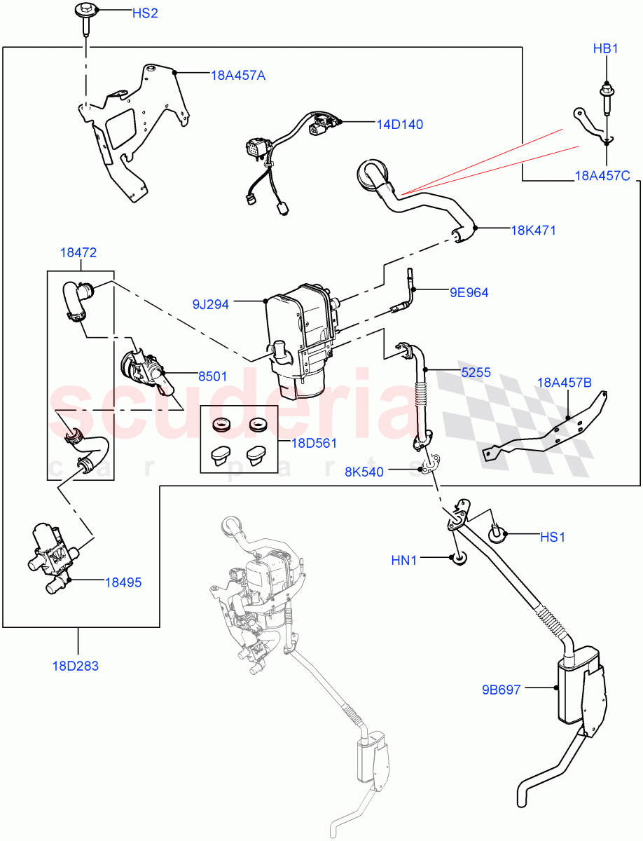 Auxiliary Fuel Fired Pre-Heater (Nitra Plant Build) (2.0L I4 High DOHC AJ200 Petrol, Fuel Fired Heater With Park Heat, 3.0L DOHC GDI SC V6 PETROL, With Fuel Fired Heater, Fuel Heater W/Pk Heat With Remote, 3.0L AJ20P6 Petrol High) ((V) FROMK2000001) of Land Rover Land Rover Discovery 5 (2017+) [3.0 I6 Turbo Diesel AJ20D6]
