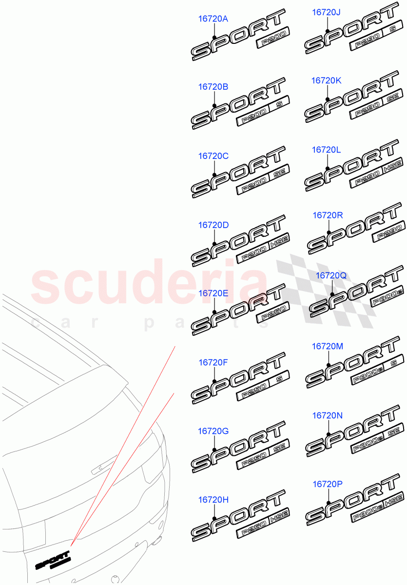 Name Plates (Halewood (UK), Badge-Engine Power Petrol 200 PS, Badge-Engine Power Petrol 300E PS, Badge-Engine Power Petrol 250 PS, Badge-Engine Power Petrol 290 PS) ((V) FROMLH000001) of Land Rover Land Rover Discovery Sport (2015+) [1.5 I3 Turbo Petrol AJ20P3]