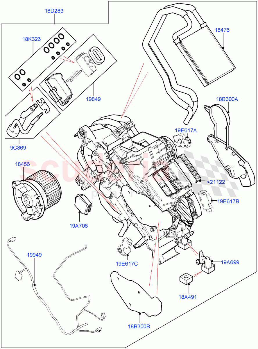 Heater/Air Cond.Internal Components (Auxiliary Heater, Nitra Plant Build) (Premium Air Conditioning-Front/Rear) ((V) FROMK2000001) of Land Rover Land Rover Discovery 5 (2017+) [3.0 DOHC GDI SC V6 Petrol]