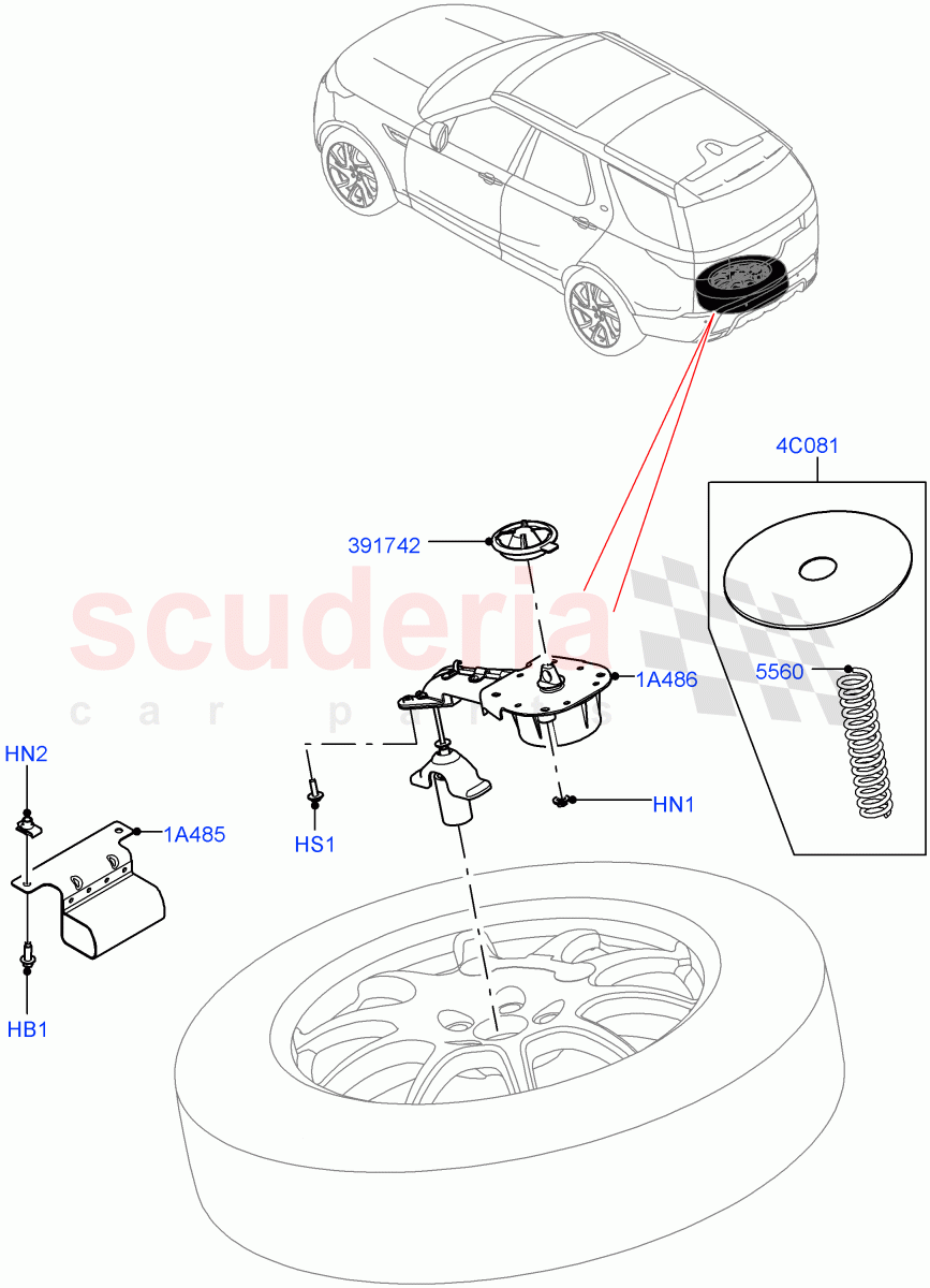 Spare Wheel Carrier (Nitra Plant Build) (22" Full Size Spare Wheel, With Mini Alloy Spare Wheel, 20" Full Size Spare Wheel, 21" Full Size Spare Wheel, 19" Full Size Spare Wheel) ((V) FROMK2000001) of Land Rover Land Rover Discovery 5 (2017+) [3.0 I6 Turbo Diesel AJ20D6]