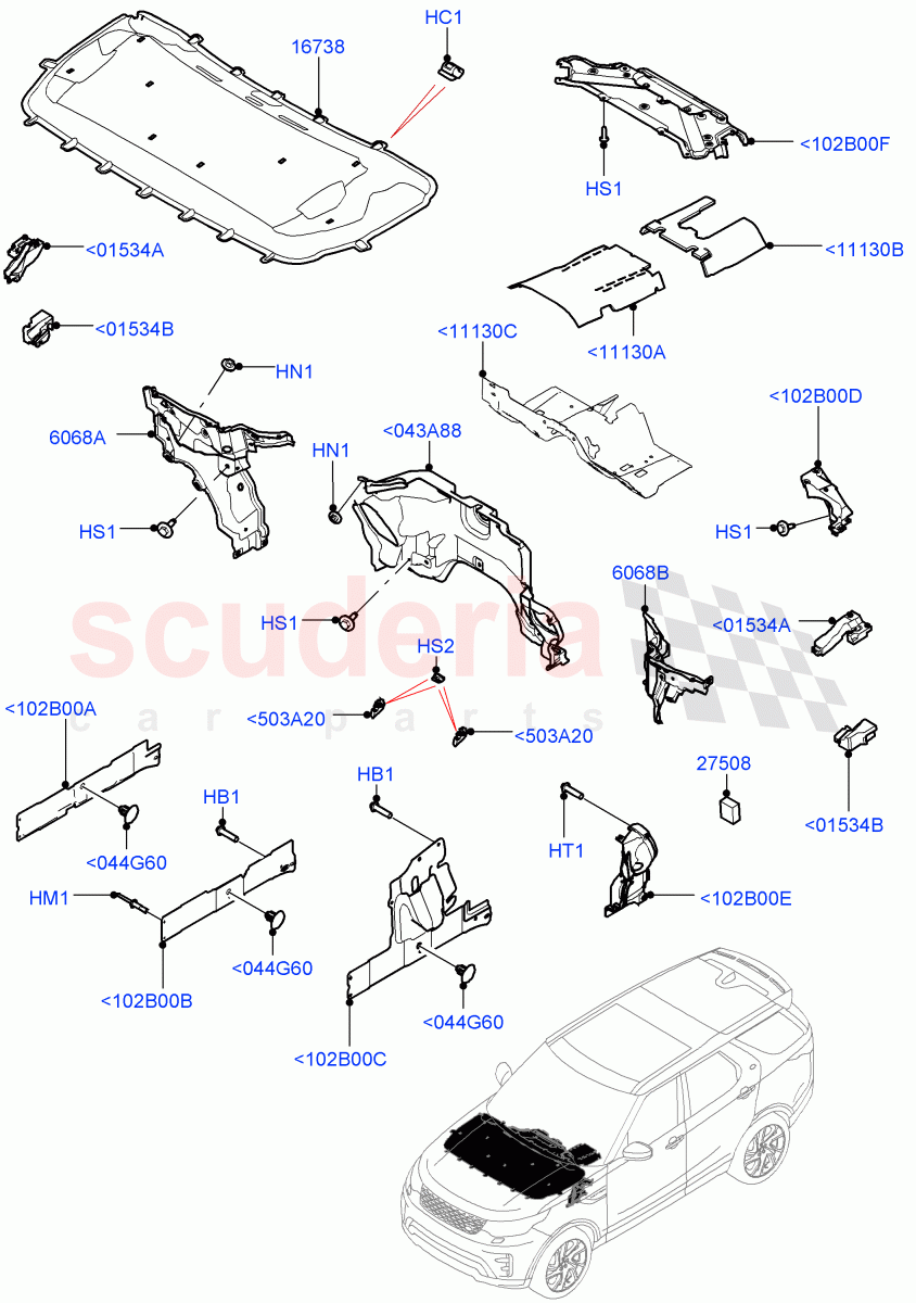 Insulators - Front (Engine Compartment, Nitra Plant Build) ((V) FROMK2000001) of Land Rover Land Rover Discovery 5 (2017+) [3.0 I6 Turbo Petrol AJ20P6]