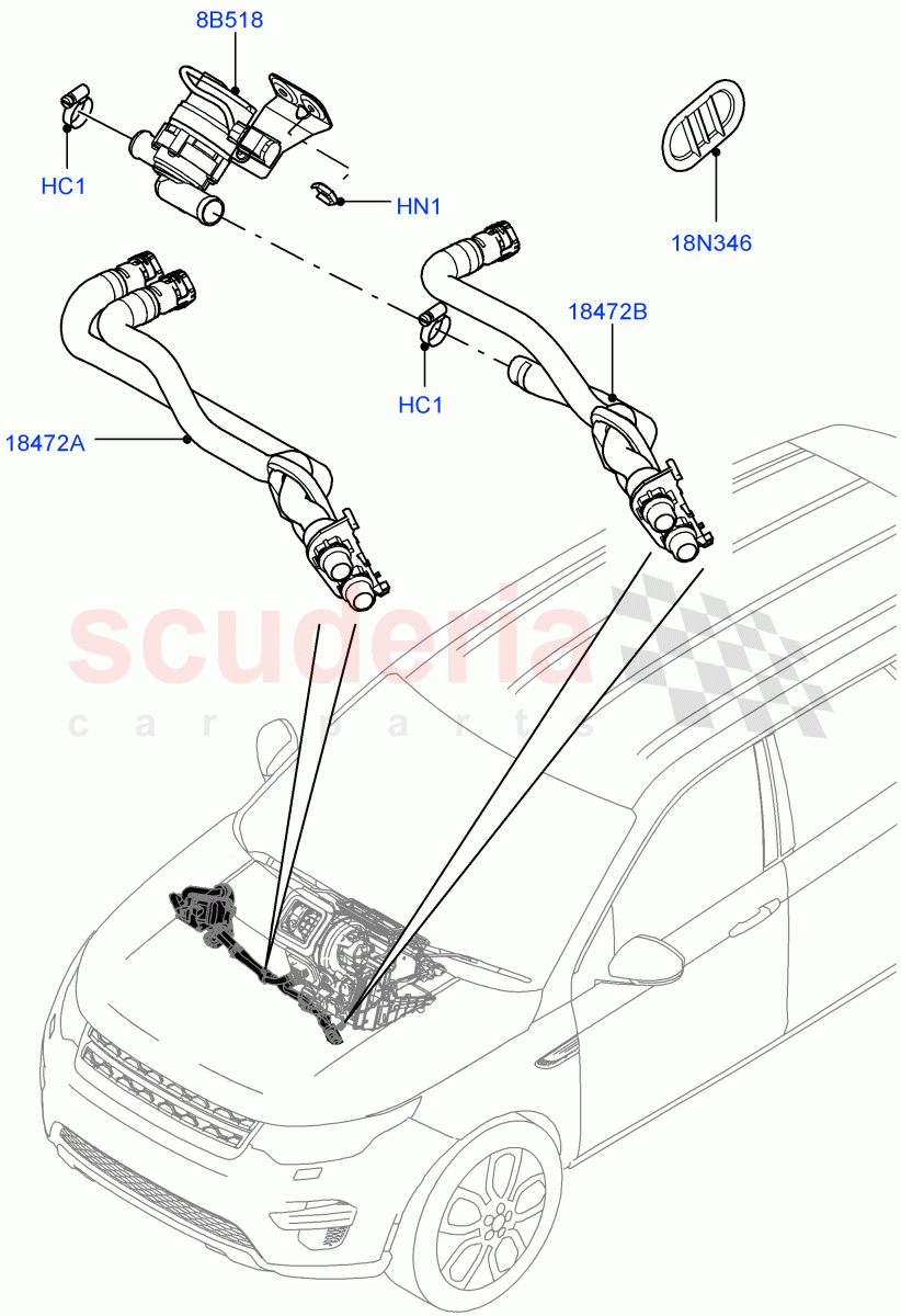 Heater Hoses (2.0L I4 DSL MID DOHC AJ200, Itatiaia (Brazil), 2.0L 16V TIVCT T/C 240PS Petrol, 2.0L I4 DSL HIGH DOHC AJ200) ((V) FROMGT000001) of Land Rover Land Rover Discovery Sport (2015+) [2.0 Turbo Petrol GTDI]