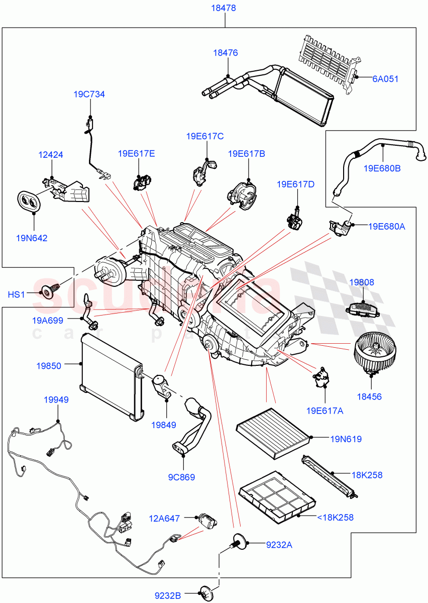 Heater/Air Cond.Internal Components (Heater Main Unit) (With Front Comfort Air Con (IHKA)) ((V) TOLA999999) of Land Rover Land Rover Range Rover Velar (2017+) [3.0 DOHC GDI SC V6 Petrol]