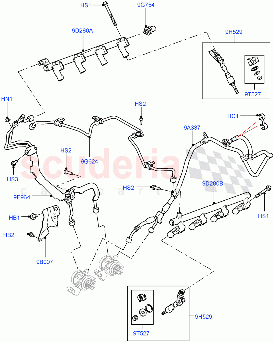 Fuel Injectors And Pipes (5.0 Petrol AJ133 DOHC CDA, 5.0L P AJ133 DOHC CDA S/C Enhanced) ((V) FROMJA000001) of Land Rover Land Rover Range Rover Sport (2014+) [5.0 OHC SGDI SC V8 Petrol]