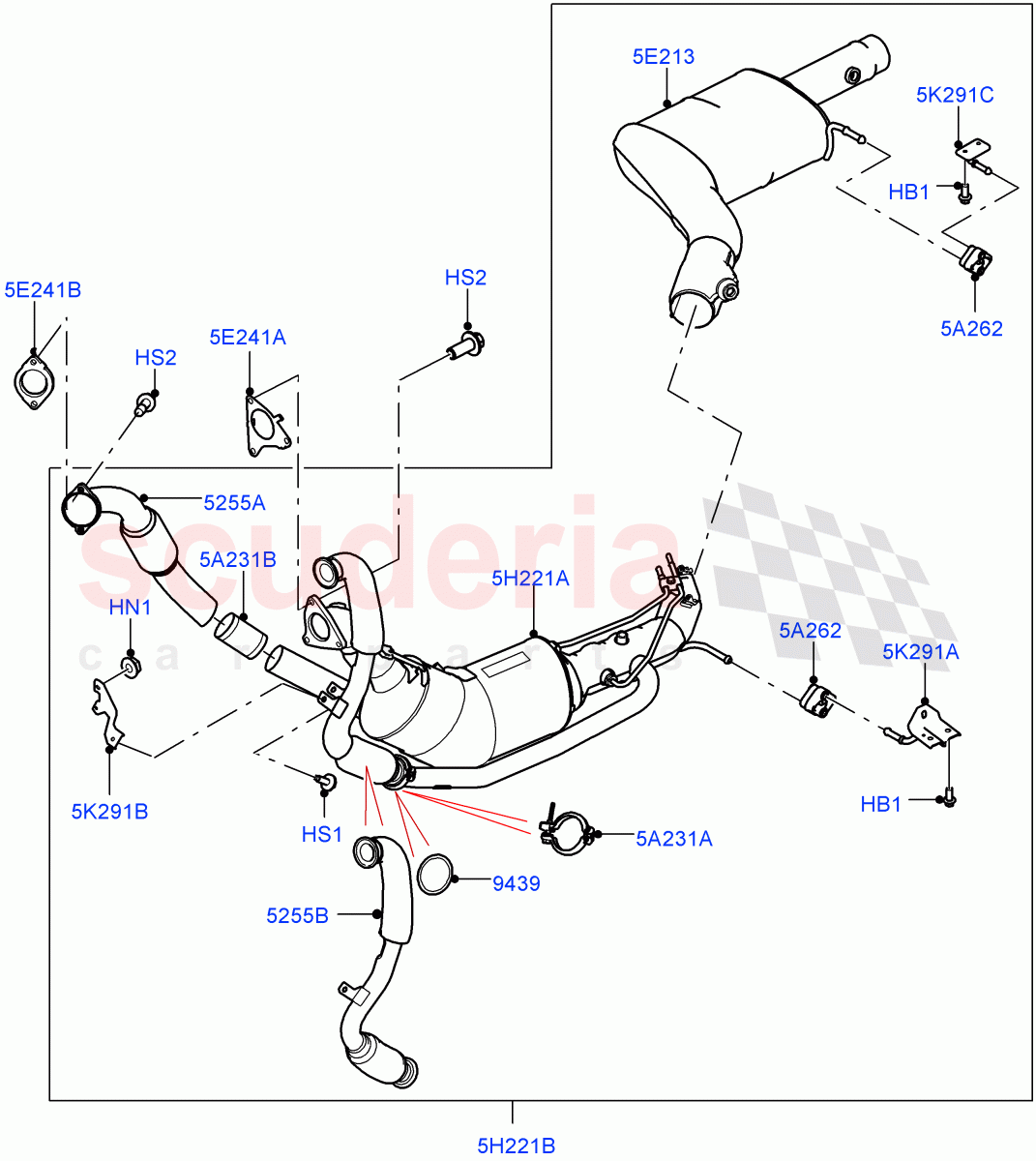 Front Exhaust System (Solihull Plant Build) (3.0 V6 D Gen2 Twin Turbo, EU6 + DPF Emissions, Japan Requirements, EU6D Diesel + DPF Emissions) ((V) FROMFA000001) of Land Rover Land Rover Range Rover Sport (2014+) [3.0 Diesel 24V DOHC TC]