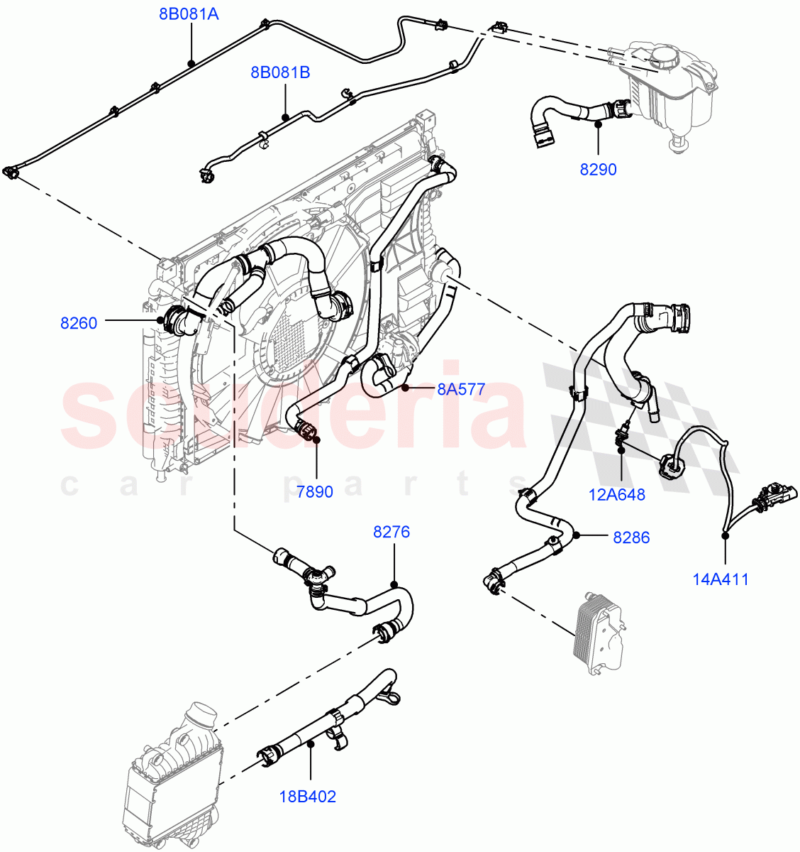 Cooling System Pipes And Hoses (2.0L AJ20P4 Petrol E100 PTA, Itatiaia (Brazil), High Engine Cooling, Less Active Tranmission Warming, 2.0L AJ20P4 Petrol Mid PTA, Medium Engine Cooling, Low Engine Cooling) of Land Rover Land Rover Range Rover Evoque (2019+) [2.0 Turbo Petrol AJ200P]