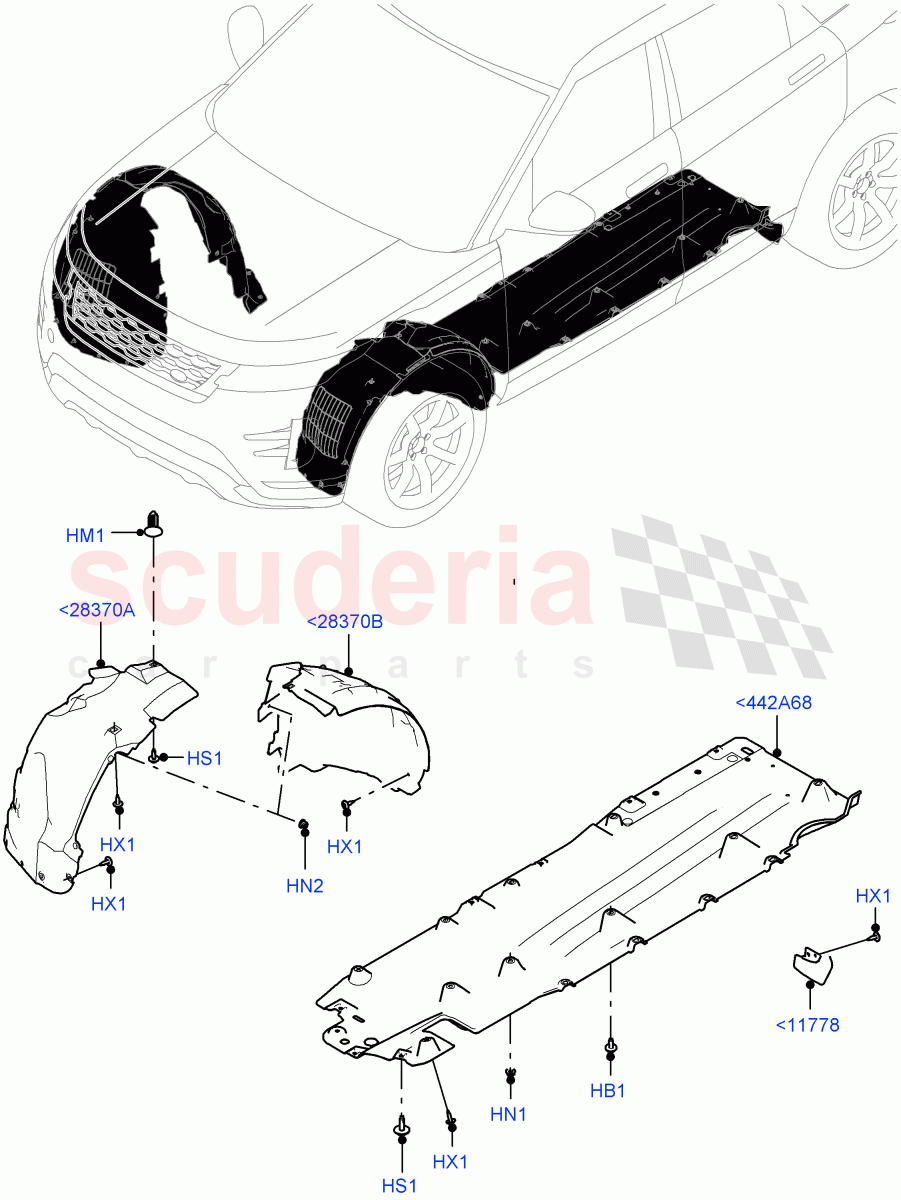 Front Panels, Aprons & Side Members (Wheelhouse) (Changsu (China), Electric Engine Battery-MHEV, Less Electric Engine Battery) of Land Rover Land Rover Range Rover Evoque (2019+) [1.5 I3 Turbo Petrol AJ20P3]