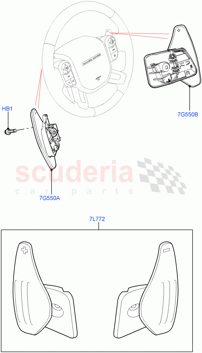 Gear Change-Automatic Transmission (Solihull Plant Build, Steering Wheel) (8 Speed Auto Trans ZF 8HP70 4WD, Paddle Shift, 8 Speed Auto Trans ZF 8HP70 HEV 4WD, Paddle Shift - Noble, Paddle shift - Aluminium) ((V) FROMAA000001) of Land Rover Land Rover Discovery 5 (2017+) [2.0 Turbo Petrol AJ200P]