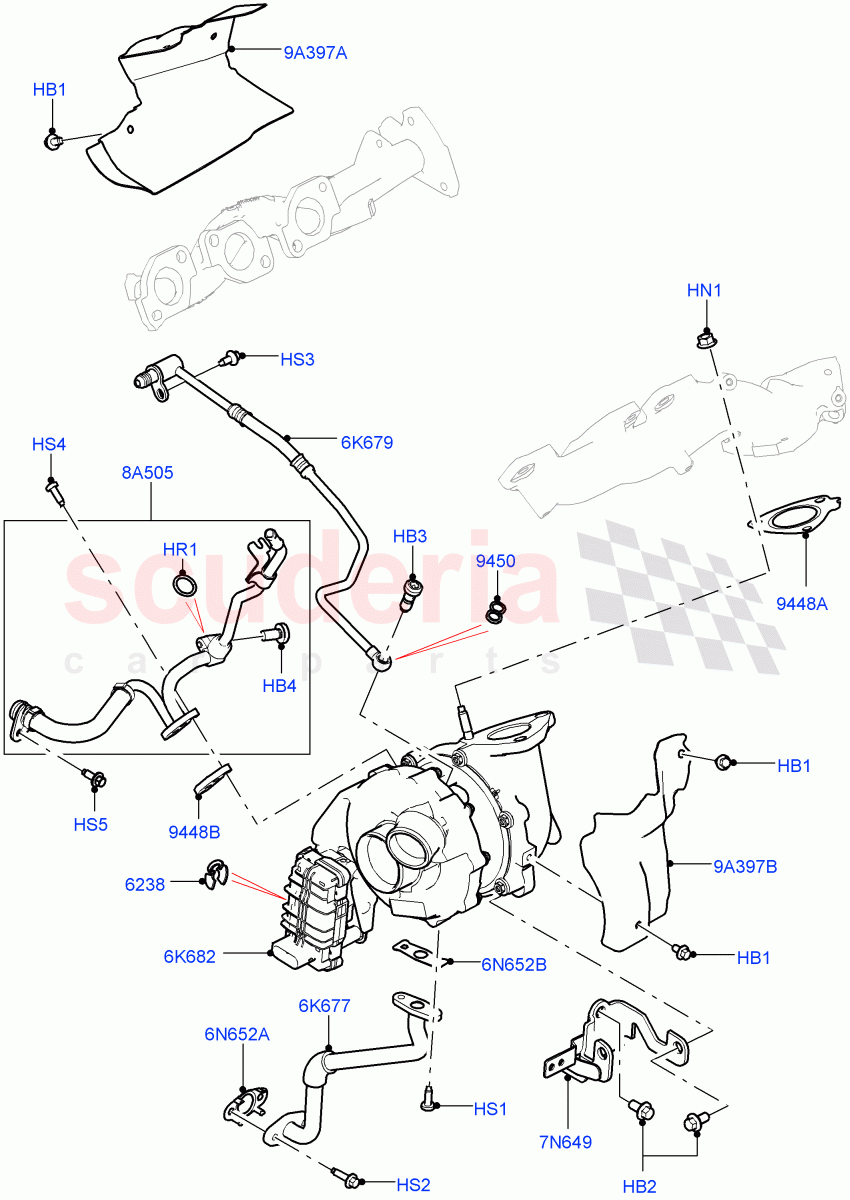 Turbocharger (Solihull Plant Build) (3.0 V6 D Low MT ROW, 3.0 V6 D Gen2 Mono Turbo) ((V) FROMFA000001) of Land Rover Land Rover Discovery 5 (2017+) [3.0 Diesel 24V DOHC TC]