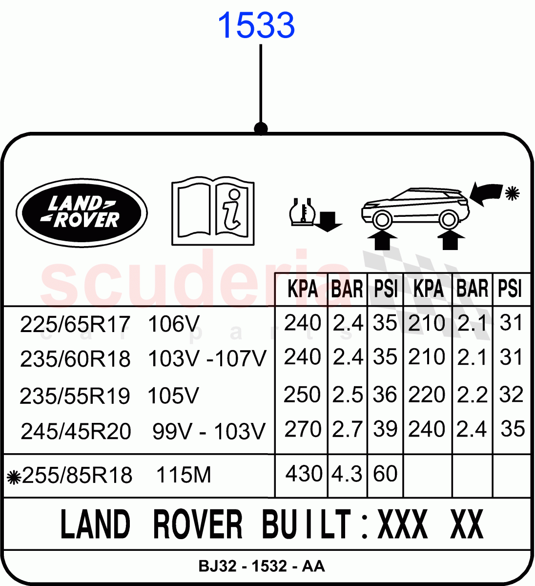 Labels (Tyre Pressure Label) (Changsu (China)) ((V) FROMEG000001) of Land Rover Land Rover Range Rover Evoque (2012-2018) [2.0 Turbo Petrol GTDI]