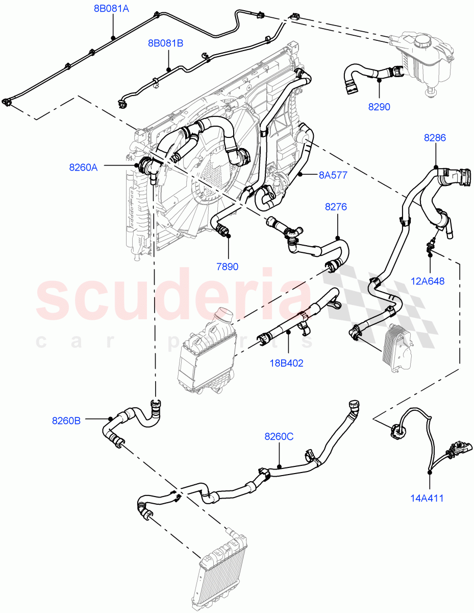 Cooling System Pipes And Hoses (2.0L AJ20P4 Petrol Mid PTA, Itatiaia (Brazil), Extra High Engine Cooling, Less Active Tranmission Warming, 2.0L AJ20P4 Petrol E100 PTA) of Land Rover Land Rover Range Rover Evoque (2019+) [2.0 Turbo Petrol AJ200P]