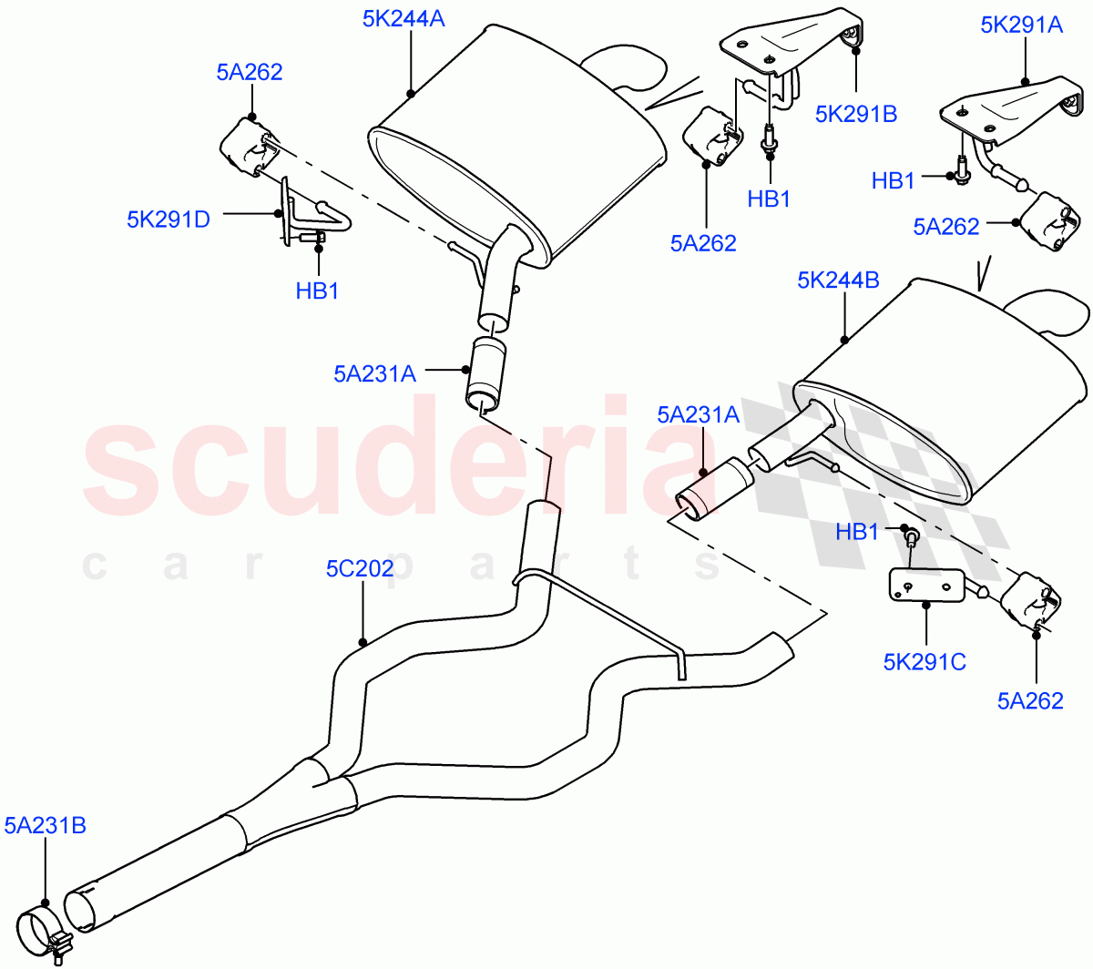 Rear Exhaust System (3.0L 24V DOHC V6 TC Diesel, Euro Stage 4 Emissions, 3.0 V6 Diesel Electric Hybrid Eng, Proconve L6 Emissions, 3.0L 24V V6 Turbo Diesel Std Flow, Stage V Plus DPF) ((V) TOHA999999) of Land Rover Land Rover Range Rover (2012-2021) [3.0 Diesel 24V DOHC TC]
