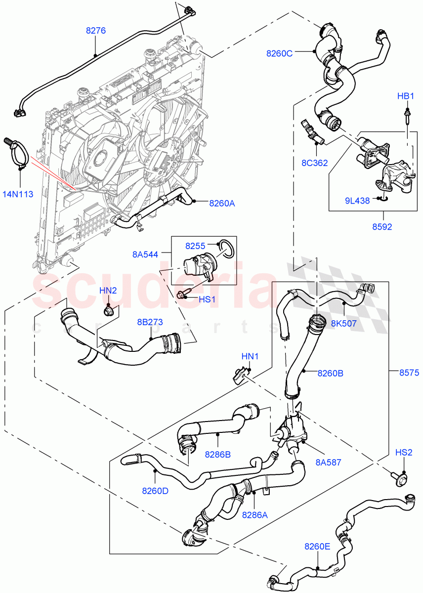 Cooling System Pipes And Hoses (Engine) (3.0 V6 D Low MT ROW, 8 Speed Auto Trans ZF 8HP70 4WD, (-) "CDN/MEX/USA", Less Crankcase Pressure Sensor, 3.0 V6 D Gen2 Mono Turbo, 3.0 V6 D Gen2 Twin Turbo) ((V) FROMFA000001, (V) TOJA999999) of Land Rover Land Rover Range Rover Sport (2014+) [3.0 Diesel 24V DOHC TC]