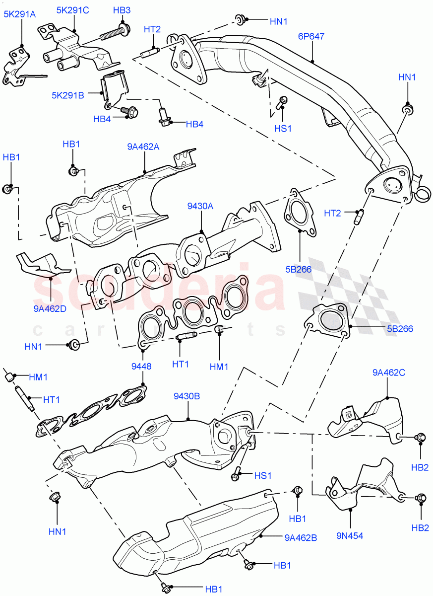 Exhaust Manifold (Solihull Plant Build) (3.0 V6 Diesel Electric Hybrid Eng, 3.0L 24V V6 Turbo Diesel Std Flow, 3.0 V6 D Low MT ROW, 3.0L 24V DOHC V6 TC Diesel, 3.0 V6 D Gen2 Mono Turbo) ((V) FROMAA000001) of Land Rover Land Rover Range Rover (2012-2021) [3.0 Diesel 24V DOHC TC]