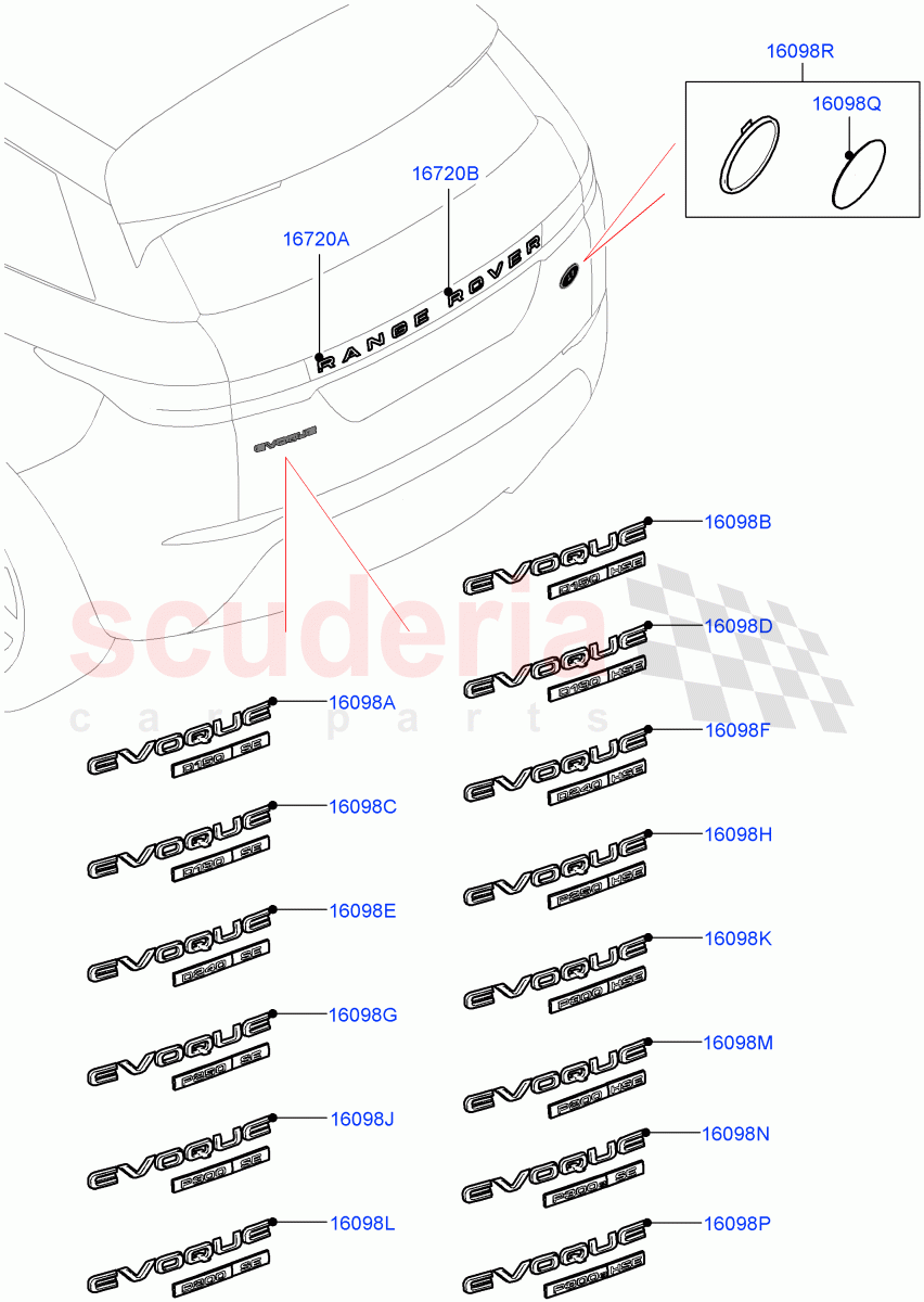 Name Plates (Rear) (Itatiaia (Brazil), Trunk Badge-SE, Trunk Badge-HSE) of Land Rover Land Rover Range Rover Evoque (2019+) [1.5 I3 Turbo Petrol AJ20P3]