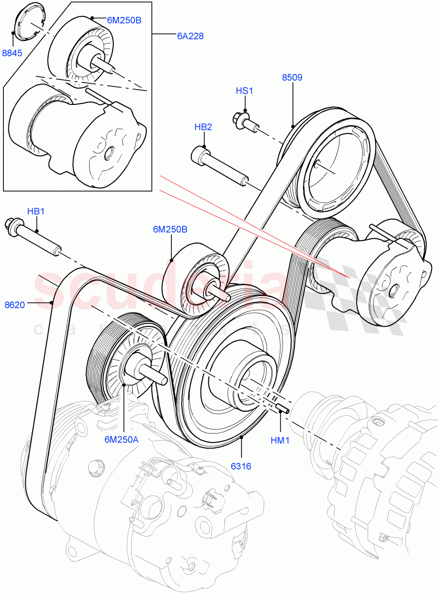 Pulleys And Drive Belts (2.0L I4 Mid DOHC AJ200 Petrol, Itatiaia (Brazil), 2.0L I4 Mid AJ200 Petrol E100) ((V) FROMJT000001) of Land Rover Land Rover Discovery Sport (2015+) [2.0 Turbo Petrol AJ200P]
