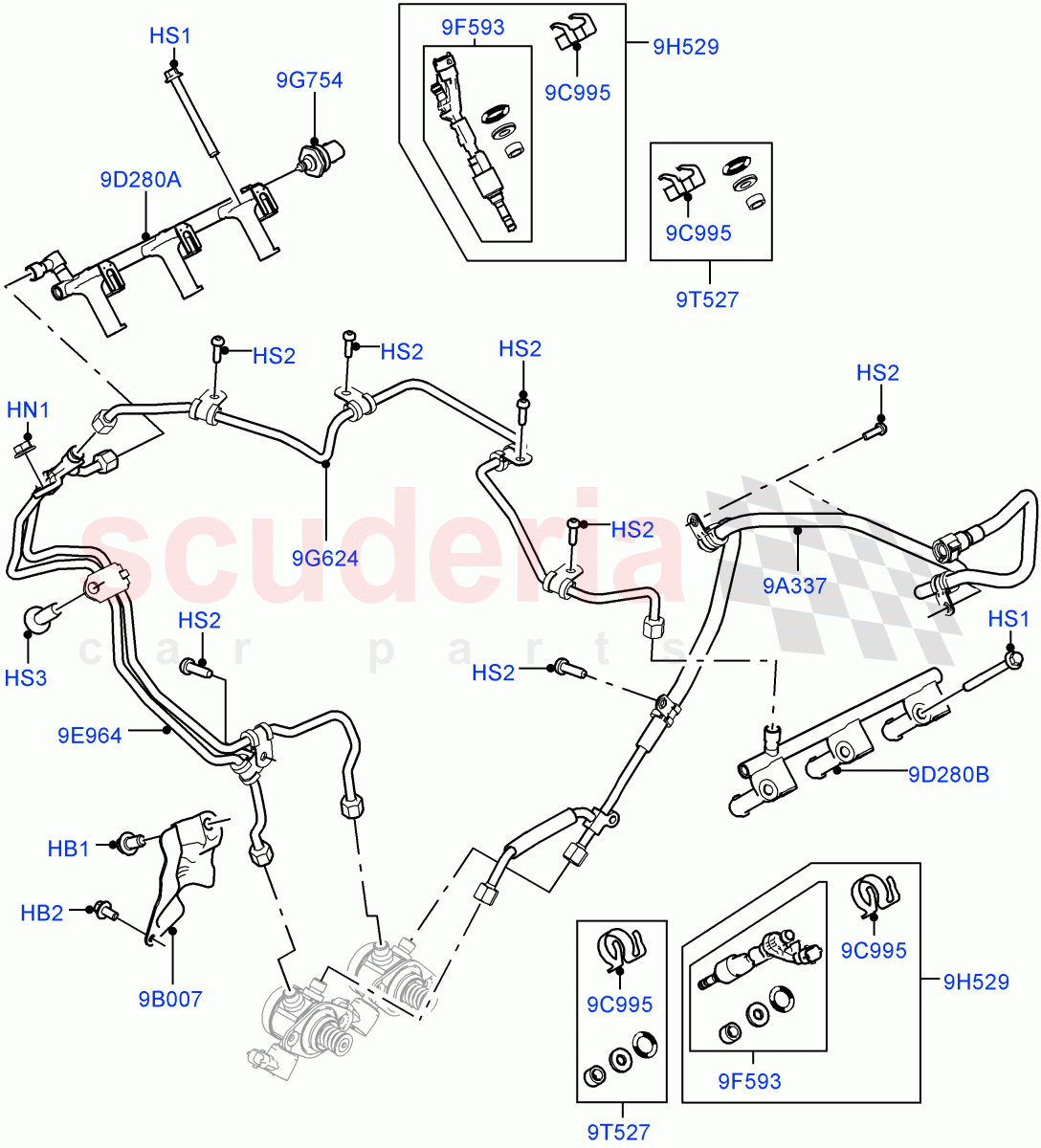 Fuel Injectors And Pipes (Solihull Plant Build) (3.0L DOHC GDI SC V6 PETROL) ((V) FROMEA000001) of Land Rover Land Rover Range Rover Velar (2017+) [3.0 DOHC GDI SC V6 Petrol]