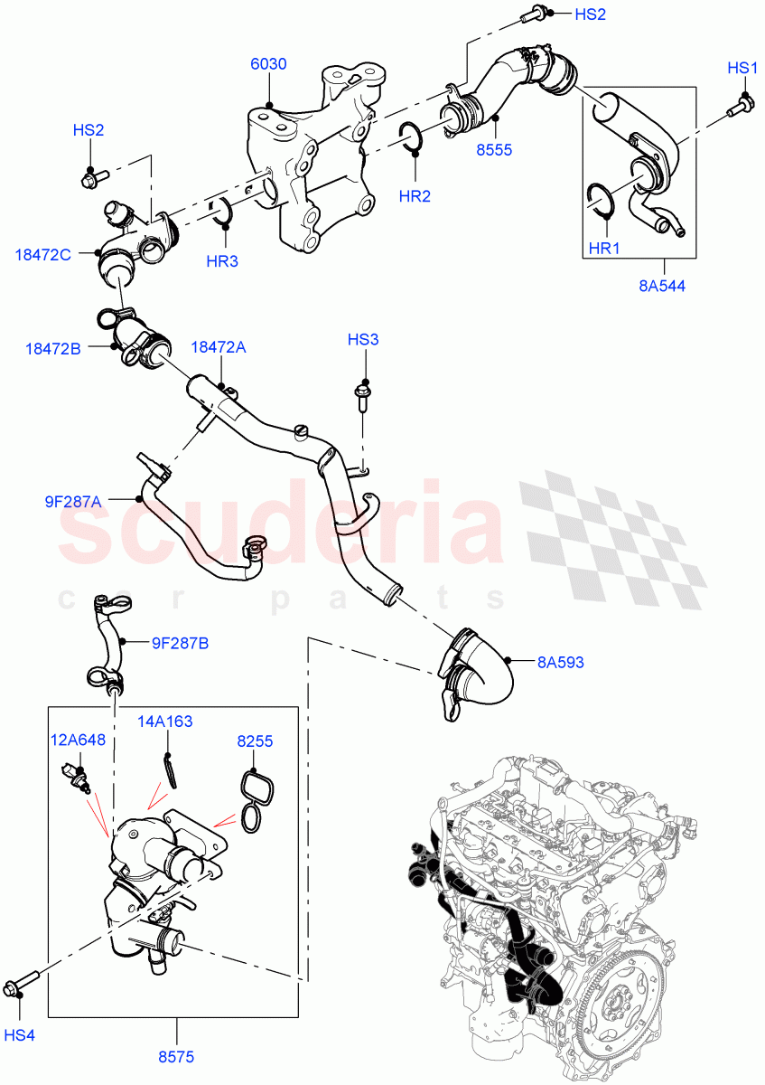 Thermostat/Housing & Related Parts (2.0L AJ20P4 Petrol Mid PTA, Changsu (China)) of Land Rover Land Rover Discovery Sport (2015+) [2.0 Turbo Petrol AJ200P]