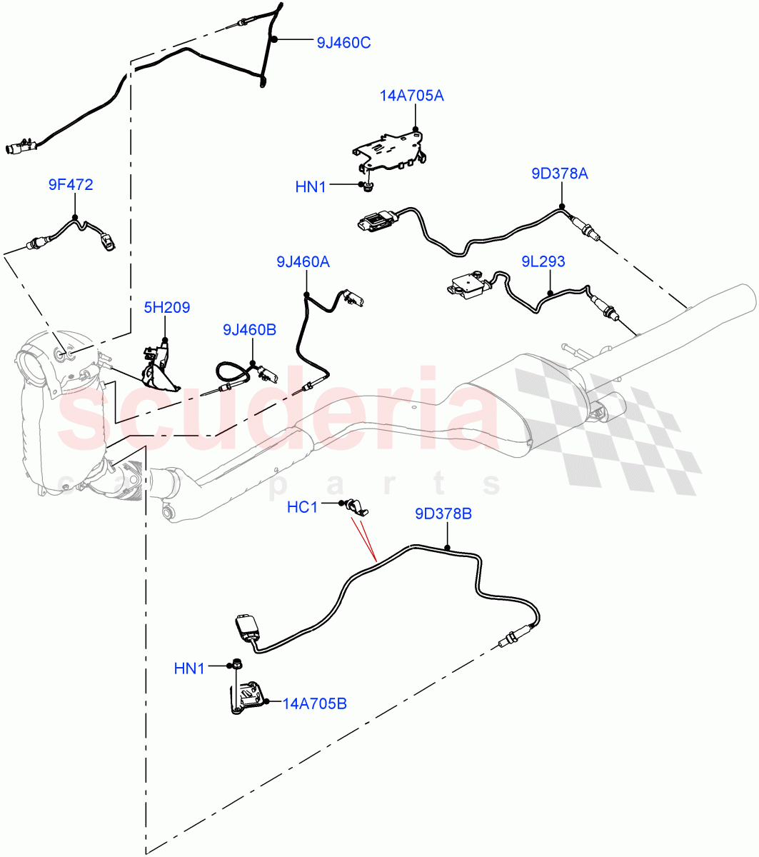 Exhaust Sensors And Modules (2.0L I4 DSL HIGH DOHC AJ200, EU6D Diesel + DPF Emissions, 2.0L I4 DSL MID DOHC AJ200) ((V) FROMKA000001) of Land Rover Land Rover Range Rover Velar (2017+) [2.0 Turbo Diesel]