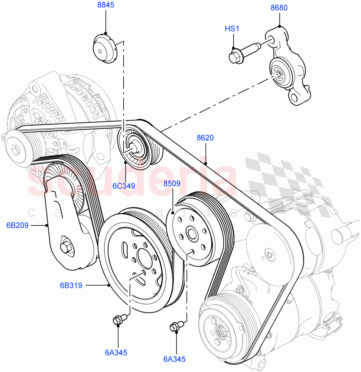 Pulleys And Drive Belts (Front) (3.0 V6 D Gen2 Mono Turbo, With ACE Suspension, 3.0 V6 D Gen2 Twin Turbo, 3.0 V6 D Low MT ROW, 3.0L 24V V6 Turbo Diesel Std Flow, 3.0L 24V DOHC V6 TC Diesel) ((V) TOJA999999) of Land Rover Land Rover Range Rover Sport (2014+) [3.0 Diesel 24V DOHC TC]