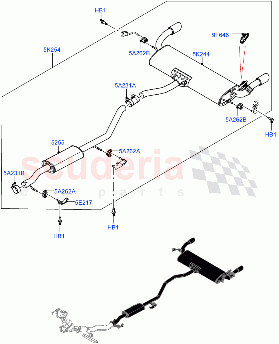 Rear Exhaust System (2.0L I4 Mid DOHC AJ200 Petrol, With 7 Seat Configuration, Instant Mobility System - High, Dual Exhaust, 2.0L I4 Mid AJ200 Petrol E100) ((V) FROMJH000001) of Land Rover Land Rover Discovery Sport (2015+) [2.0 Turbo Petrol AJ200P]