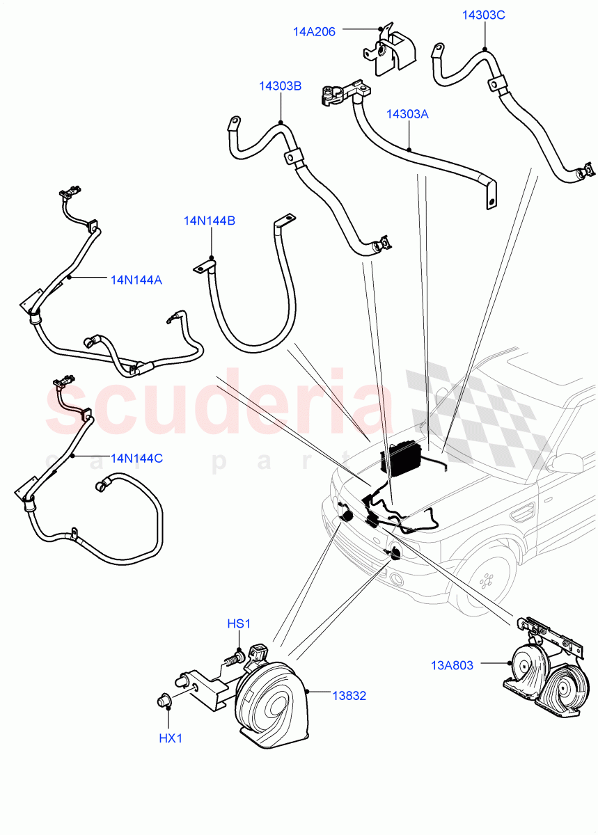 Battery Cables And Horn ((V) TO9A999999) of Land Rover Land Rover Range Rover Sport (2005-2009) [3.6 V8 32V DOHC EFI Diesel]