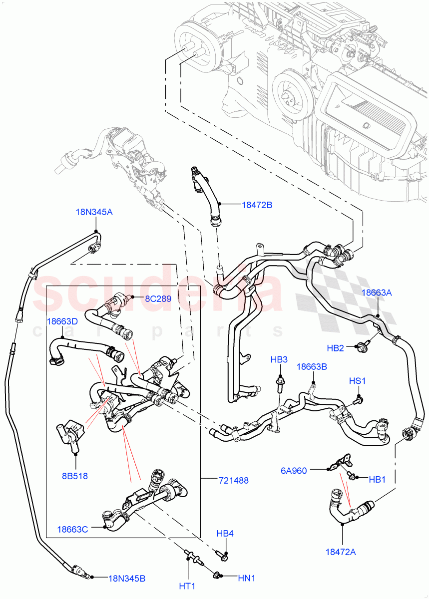 Heater Hoses (Solihull Plant Build) (2.0L I4 High DOHC AJ200 Petrol, With Fuel Fired Heater, With Air Conditioning - Front/Rear) ((V) FROMJA000001, (V) TOJA999999) of Land Rover Land Rover Discovery 5 (2017+) [3.0 Diesel 24V DOHC TC]