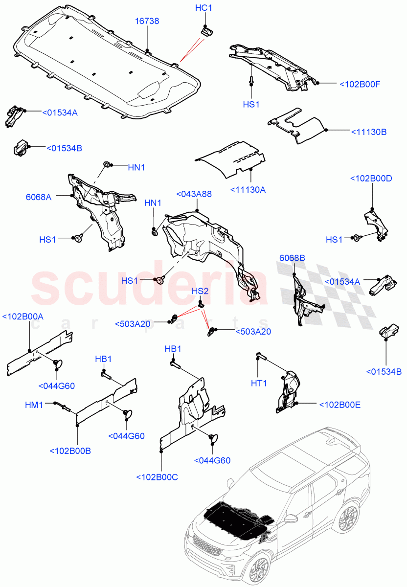 Insulators - Front (Engine Compartment, Solihull Plant Build) ((V) FROMHA000001) of Land Rover Land Rover Discovery 5 (2017+) [3.0 Diesel 24V DOHC TC]