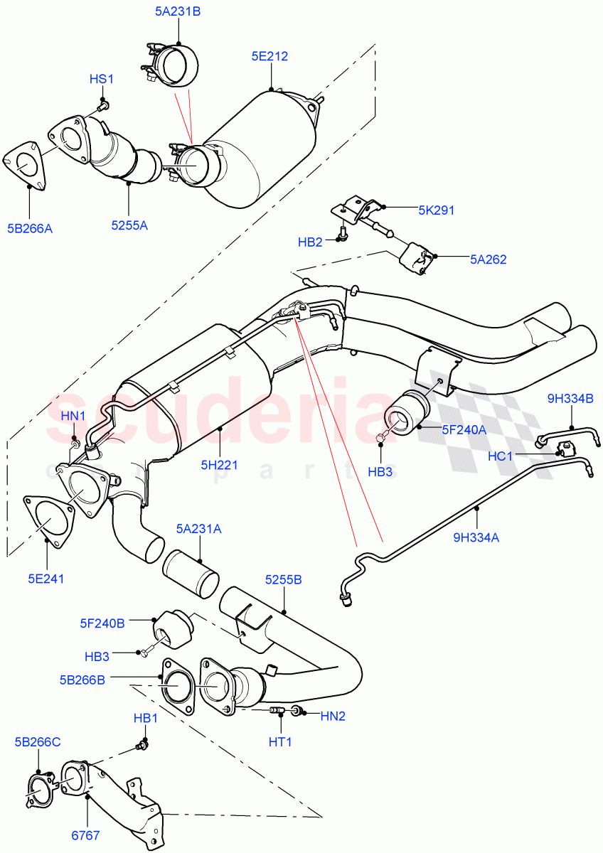 Exhaust System (Front) (4.4L DOHC DITC V8 Diesel, Stage V Plus DPF, With Diesel Particulate Filter) ((V) TOFA999999) of Land Rover Land Rover Range Rover Sport (2014+) [4.4 DOHC Diesel V8 DITC]