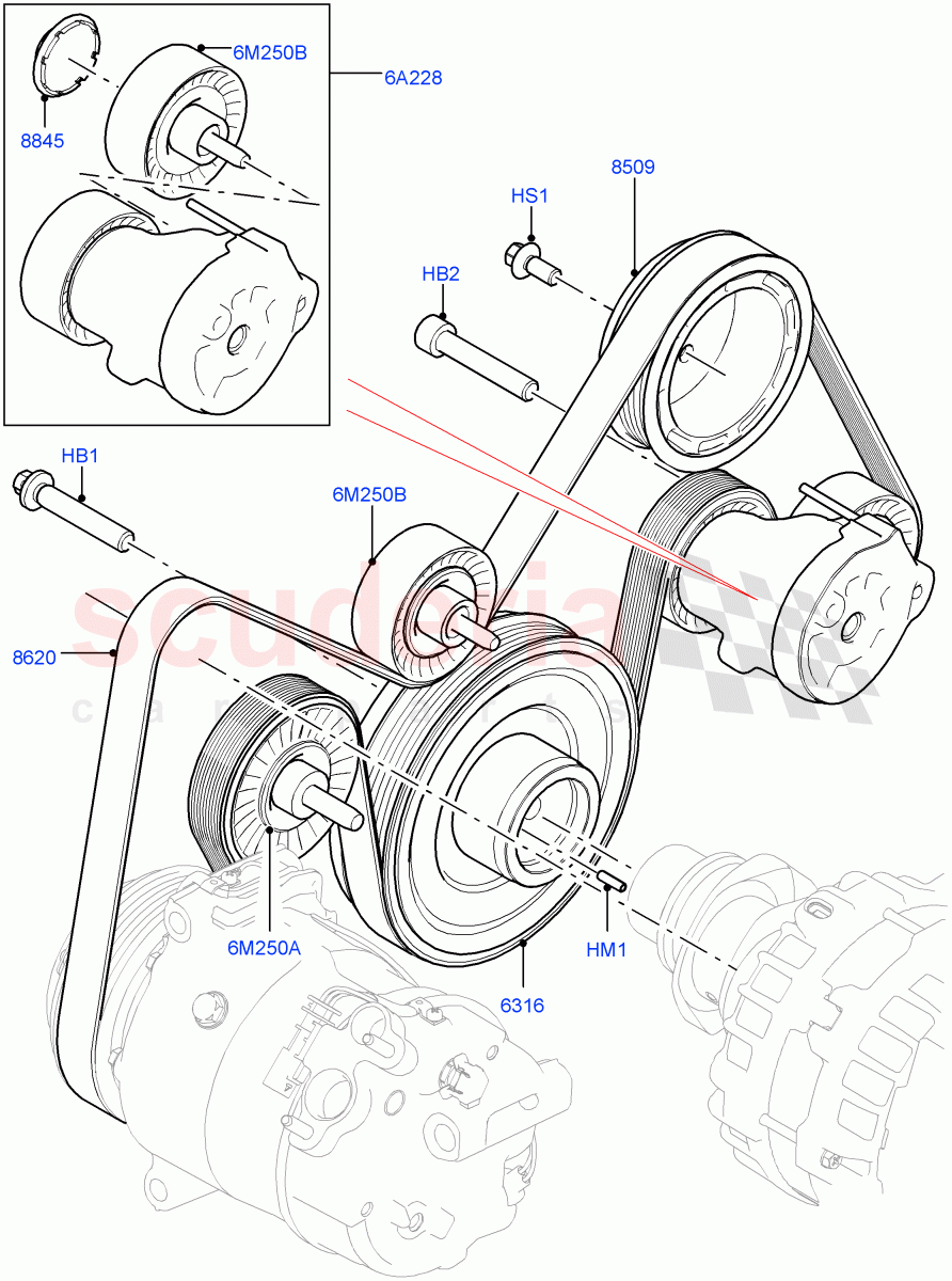 Pulleys And Drive Belts (2.0L AJ20P4 Petrol High PTA, Halewood (UK), Less Electric Engine Battery, 2.0L AJ20P4 Petrol Mid PTA, 2.0L AJ20P4 Petrol E100 PTA) of Land Rover Land Rover Range Rover Evoque (2019+) [2.0 Turbo Petrol AJ200P]