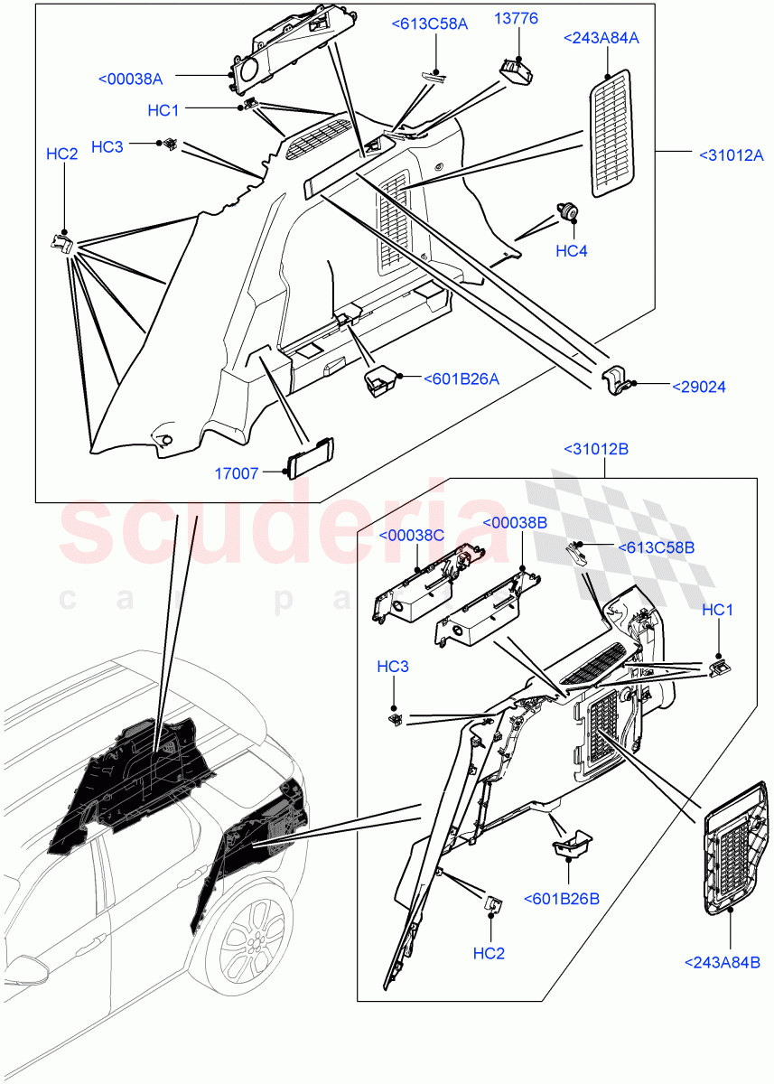 Side Trim (Luggage Compartment) (Halewood (UK), 60/40 Load Through With Slide, Climate Control - Chiller Unit) of Land Rover Land Rover Discovery Sport (2015+) [2.0 Turbo Diesel AJ21D4]