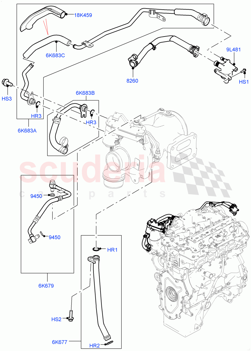 Turbocharger (Solihull Plant Build, Lubrication And Cooling) (2.0L I4 High DOHC AJ200 Petrol, 2.0L AJ200P Hi PHEV, 2.0L I4 Mid DOHC AJ200 Petrol) ((V) FROMHA000001) of Land Rover Land Rover Range Rover Sport (2014+) [2.0 Turbo Petrol AJ200P]