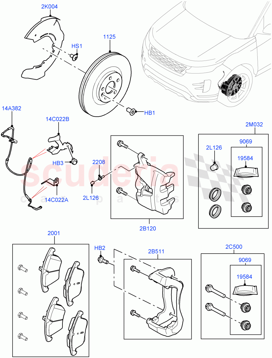 Front Brake Discs And Calipers (Itatiaia (Brazil), Disc And Caliper Size-Frt 18/RR 17, Disc And Caliper Size-Frt 18/RR 16) of Land Rover Land Rover Range Rover Evoque (2019+) [2.0 Turbo Diesel AJ21D4]