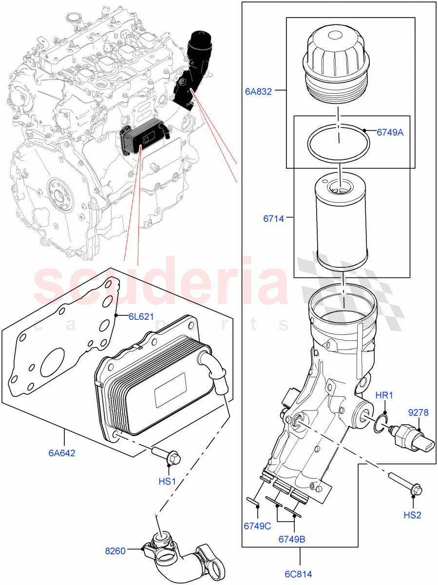 Oil Cooler And Filter (2.0L AJ20P4 Petrol High PTA, Halewood (UK), 2.0L AJ20P4 Petrol E100 PTA, 2.0L AJ20P4 Petrol Mid PTA) of Land Rover Land Rover Range Rover Evoque (2019+) [2.0 Turbo Petrol AJ200P]