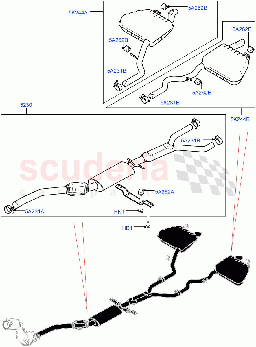 Rear Exhaust System (2.0L I4 Mid DOHC AJ200 Petrol, Dual Exh Olet W/Squa TL Pipe Steel, 2.0L I4 High DOHC AJ200 Petrol, Dual Exh Olet W/Squa Tail Pipe Garn) ((V) TOLA999999) of Land Rover Land Rover Range Rover Velar (2017+) [2.0 Turbo Petrol AJ200P]