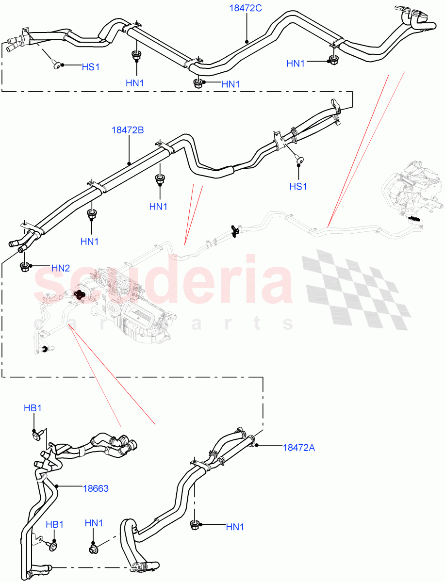 Heater Hoses (Solihull Plant Build) (3.0 V6 D Gen2 Mono Turbo, Premium Air Conditioning-Front/Rear, 3.0 V6 D Low MT ROW, 3.0 V6 D Gen2 Twin Turbo, 3.0L DOHC GDI SC V6 PETROL) ((V) FROMKA000001) of Land Rover Land Rover Discovery 5 (2017+) [3.0 I6 Turbo Diesel AJ20D6]