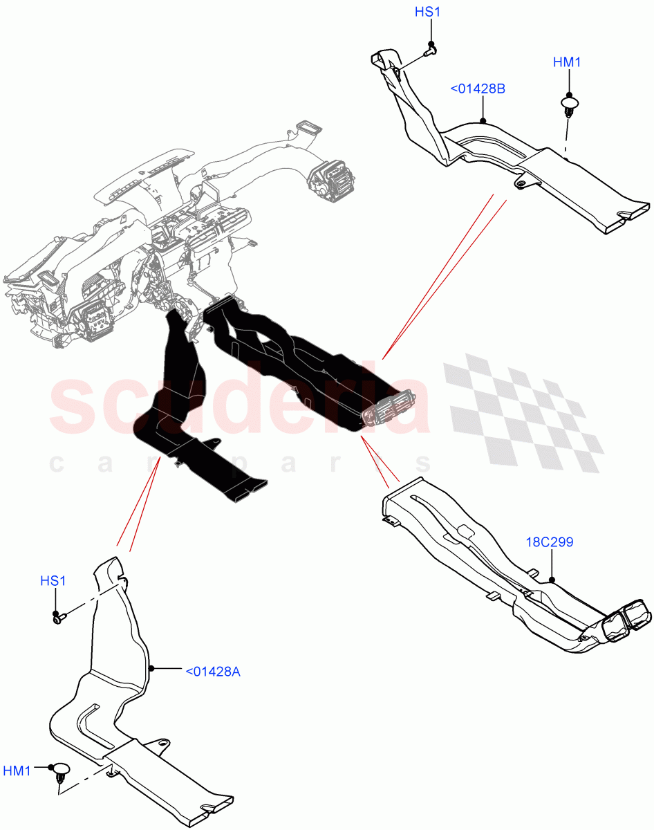 Air Vents, Louvres And Ducts (Internal Components, Floor) (With Front Comfort Air Con (IHKA)) ((V) TOMA999999) of Land Rover Land Rover Range Rover Velar (2017+) [3.0 DOHC GDI SC V6 Petrol]