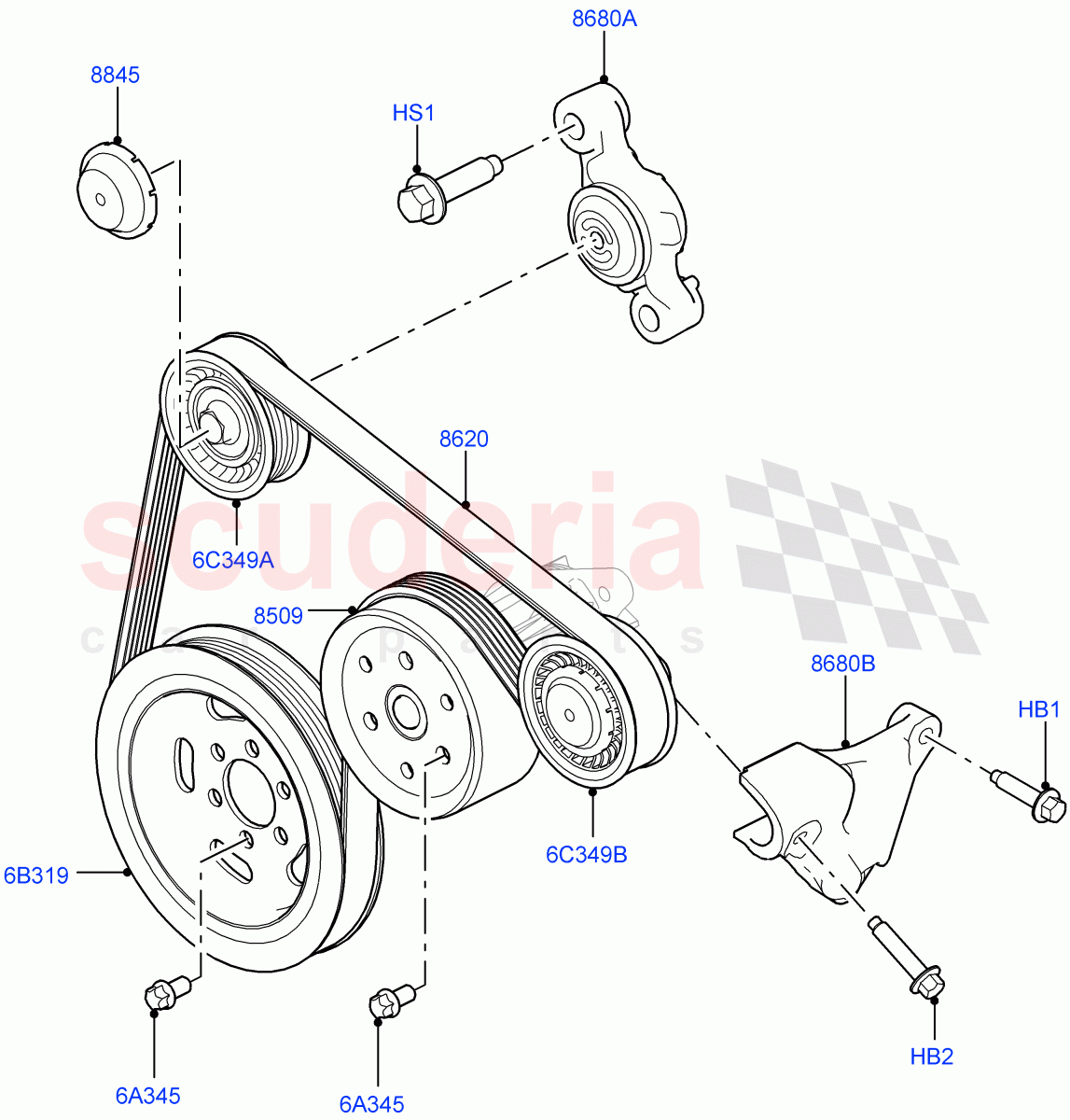 Pulleys And Drive Belts (Front) (3.0 V6 Diesel Electric Hybrid Eng, 8 Speed Auto Trans ZF 8HP70 HEV 4WD, 3.0 V6 D Gen2 Mono Turbo, 3.0 V6 D Gen2 Twin Turbo) ((V) FROMFA000001) of Land Rover Land Rover Range Rover Sport (2014+) [3.0 Diesel 24V DOHC TC]
