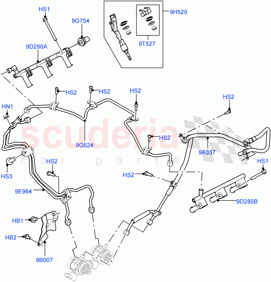 Fuel Injectors And Pipes (Nitra Plant Build) (3.0L DOHC GDI SC V6 PETROL) ((V) FROMK2000001) of Land Rover Land Rover Discovery 5 (2017+) [3.0 DOHC GDI SC V6 Petrol]