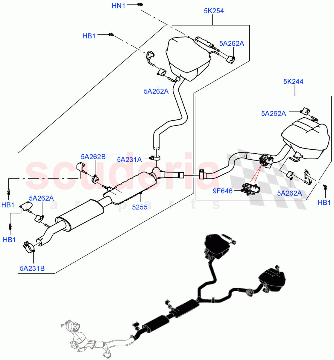 Rear Exhaust System (2.0L AJ20P4 Petrol Mid PTA, Halewood (UK), With 3rd Row Double Seat, Spare Wheel - Reduced Section Steel, 2.0L AJ20P4 Petrol E100 PTA) ((V) FROMLH000001) of Land Rover Land Rover Discovery Sport (2015+) [2.0 Turbo Petrol AJ200P]