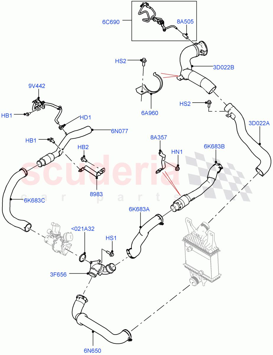 Intercooler/Air Ducts And Hoses (Solihull Plant Build) (3.0 V6 D Gen2 Twin Turbo) ((V) FROMFA000001) of Land Rover Land Rover Range Rover Sport (2014+) [3.0 Diesel 24V DOHC TC]
