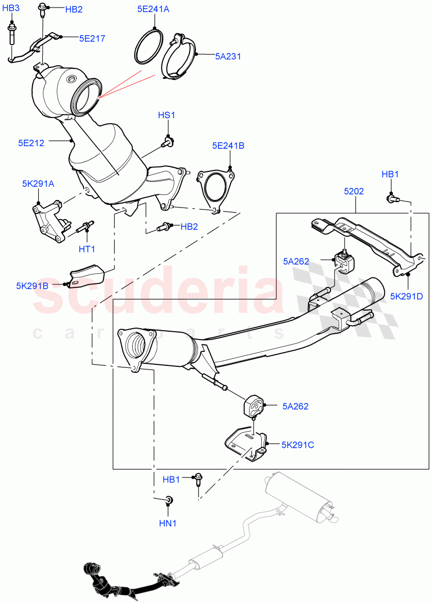 Front Exhaust System (2.0L AJ20P4 Petrol E100 PTA, EU6 Emissions, Halewood (UK), Proconve L6 Emissions, 2.0L AJ20P4 Petrol Mid PTA, Euro Stage 4 Emissions, 2.0L AJ20P4 Petrol High PTA, Stage V European Emissions, EU2) ((V) TOLH999999) of Land Rover Land Rover Range Rover Evoque (2019+) [2.0 Turbo Petrol AJ200P]