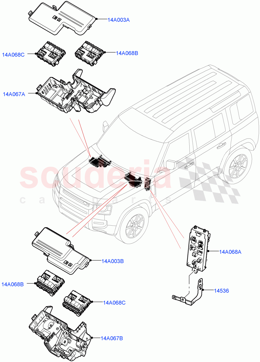 Fuses, Holders And Circuit Breakers (Front) of Land Rover Land Rover Defender (2020+) [5.0 OHC SGDI SC V8 Petrol]