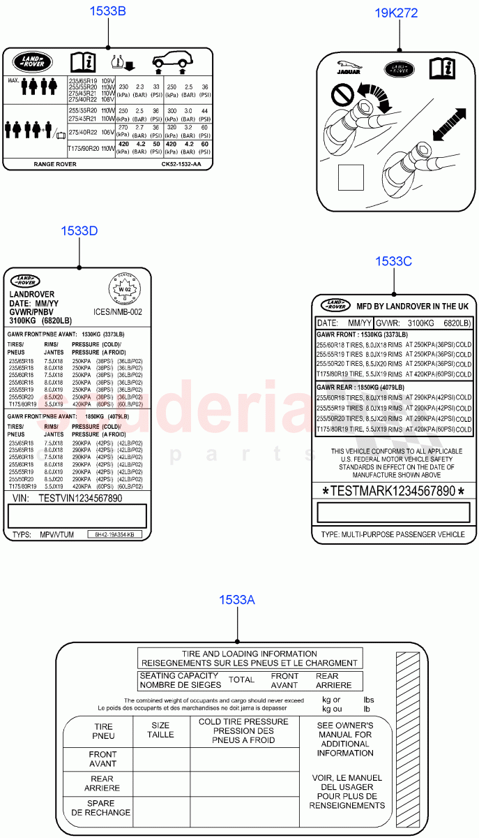 Labels (Tyre Pressure Label, Nitra Plant Build) ((V) FROMK2000001) of Land Rover Land Rover Discovery 5 (2017+) [3.0 I6 Turbo Petrol AJ20P6]