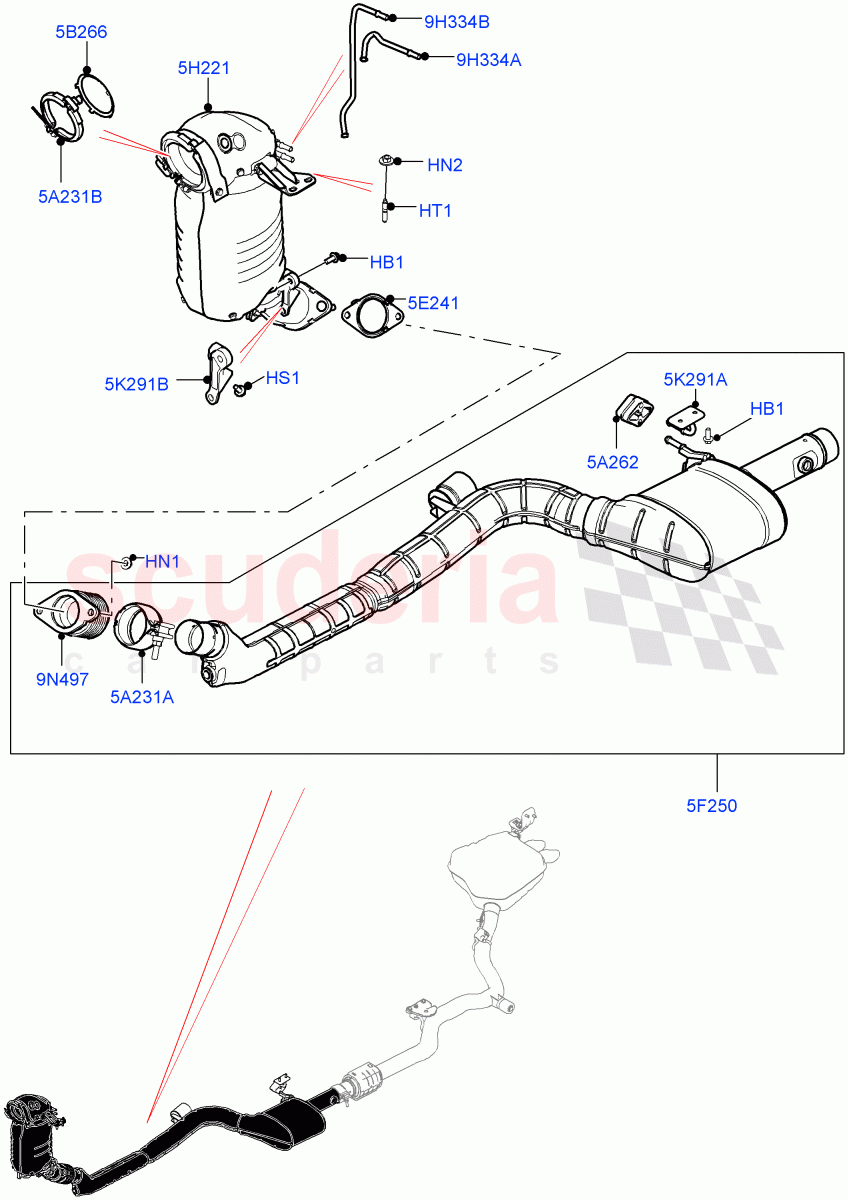 Front Exhaust System (Solihull Plant Build) (2.0L I4 DSL HIGH DOHC AJ200, EU6D Diesel + DPF Emissions, EU6 + DPF Emissions, 2.0L I4 DSL MID DOHC AJ200) ((V) FROMHA000001) of Land Rover Land Rover Discovery 5 (2017+) [2.0 Turbo Diesel]